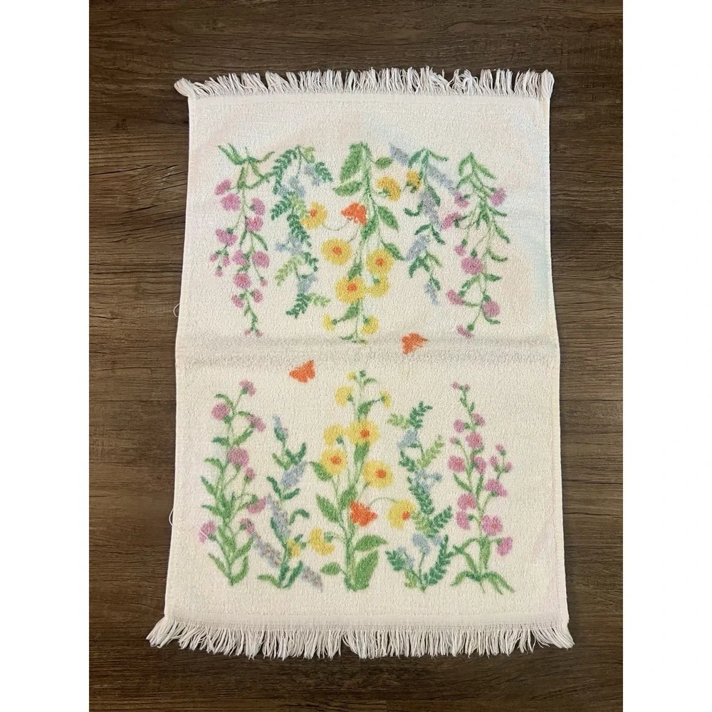 Vtg 1970s Dundee‎ Pink & Blue Flower Power Towel, Hand Towel, & Washcloth Fringe